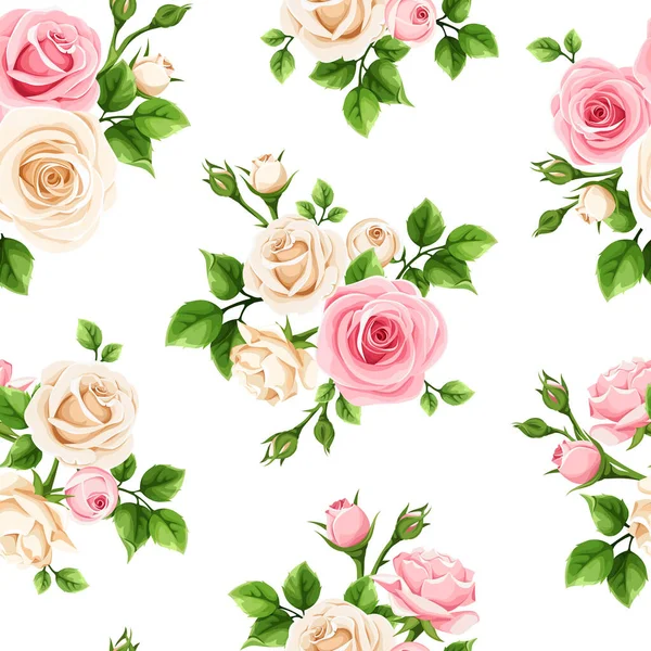 Vector Seamless Pattern Pink White Rose Flowers White Background — Stock Vector