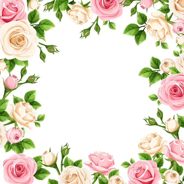 Vector Background Frame Pink White Rose Flowers — Stock Vector