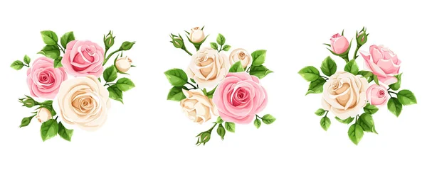 白地にピンクと白のバラの花のベクトルセット — ストックベクタ