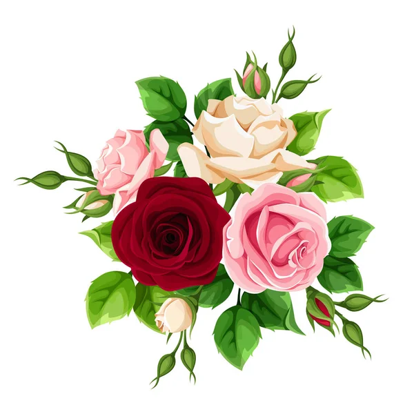 Vector Bouquet Burgundy Pink White Rose Flowers Isolated White Background — Stockvector