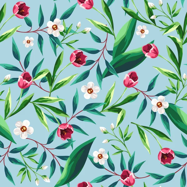 Patrón Sin Costura Vectorial Con Flores Rosas Blancas Hojas Verdes — Archivo Imágenes Vectoriales