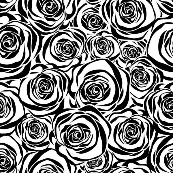 Vector Black White Seamless Pattern Roses Silhouettes — Stock Vector