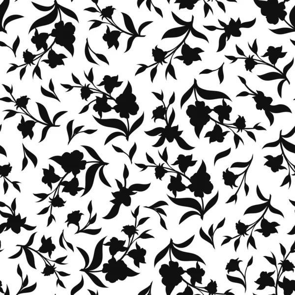 Vector Seamless Black White Floral Pattern Flowers Silhouettes — Stock Vector