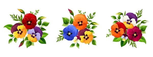 Set Vector Bouquets Colorful Pansy Flowers Isolated White Background — Stock Vector