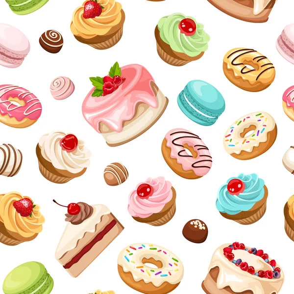 Vector Naadloos Patroon Met Diverse Kleurrijke Taarten Cupcakes Macarons Donuts — Stockvector