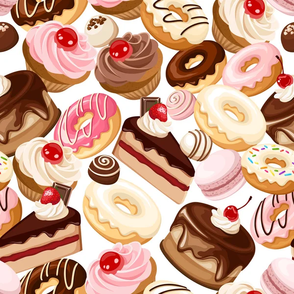 Vector Seamless Pattern Various Cakes Cupcakes Macaroons Donuts Candies Other — Stock Vector