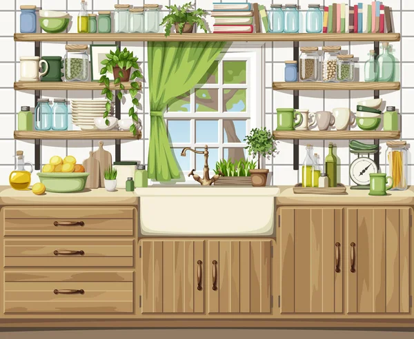 Vector Cartoon Traditional Kitchen Interior Wooden Cabinets Sink Open Shelves — Stock Vector