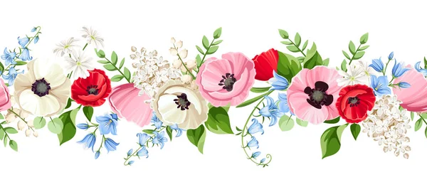 Cadre Floral Vectoriel Avec Des Fleurs Rouges Roses Bleues Blanches — Image vectorielle