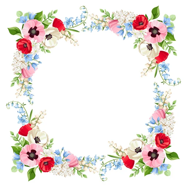 Cadre Floral Vectoriel Avec Des Fleurs Rouges Roses Bleues Blanches — Image vectorielle