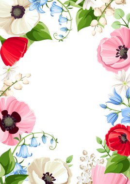 Kırmızı, pembe, mavi ve beyaz haşhaş, BlueBell, leylak ve çiçekli taşıyıcı broşür. Çiçek arkaplan çerçevesi. Selamlama veya davet kartı tasarımı.