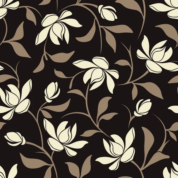 マグノリアの花とベクトルシームレス茶色の花パターン — ストックベクタ