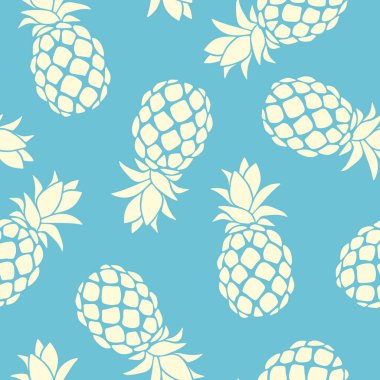Mavi arka planda sarı ananas siluetleri olan vektör tropikal desenler..