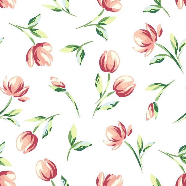 Vector Seamless Floral Pattern Pink Flowers White Background — Stock Vector