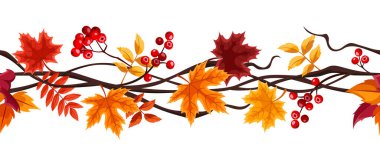Turuncu ve kahverengi sonbahar yaprakları ve rowanberry ile vektörsüz yatay sınır.