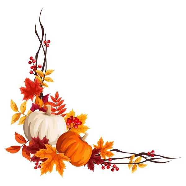 Vector Corner Border Pumpkins Orange Brown Autumn Leaves Rowanberries — Stock Vector