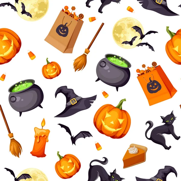 Vector Halloween Nahtlose Muster Mit Jack Laternen Katzen Fledermäusen Kesseln — Stockvektor