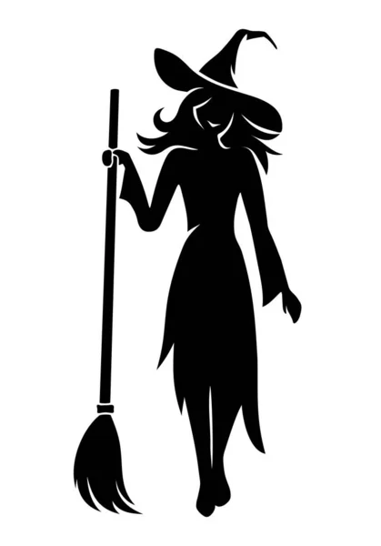 Vector Black Silhouette Beautiful Young Smiling Witch Broomstick Isolated White — Stock Vector