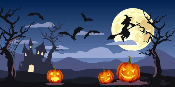 Vector Halloween Paisagem Fundo Noite Com Jack Lanternas Lua Morcegos — Vetor de Stock