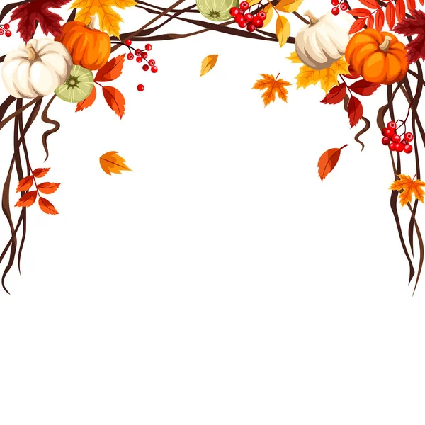 Vector Decoratieve Frame Achtergrond Met Pompoenen Oranje Bruin Herfstbladeren Rowanberries — Stockvector