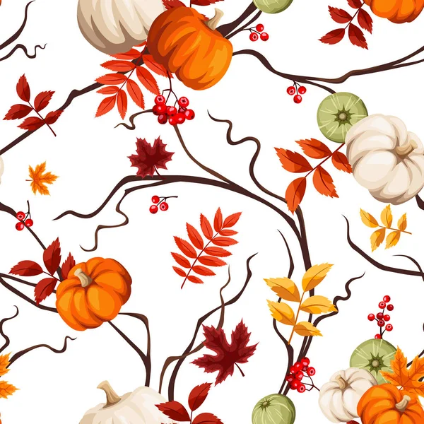 秋天的病媒无缝图案 有橙色 褐色和黄色的秋天叶子 橙色和白色南瓜 树莓和柳枝 — 图库矢量图片