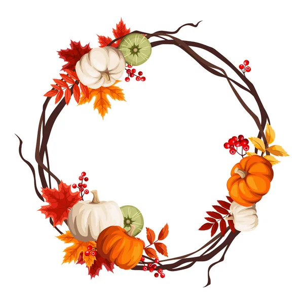 Autumn Wreath Border Pumpkins Colorful Autumn Leaves Rowanberries Vector Greeting — Stock Vector