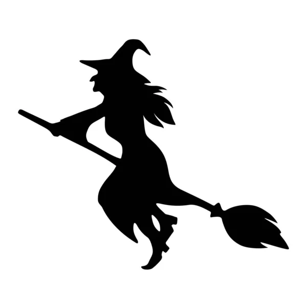 Vector Black Silhouette Witch Riding Broomstick Isolated White Background — Stock Vector