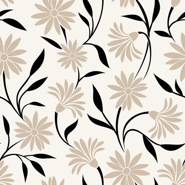 Patrón sin costuras con flores beige y hojas negras. Ilustración vectorial . — Vector de stock