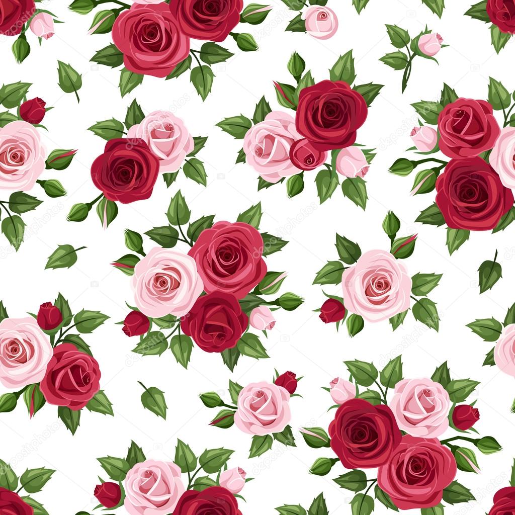 Seamless pattern with red and pink roses on white. Vector illustration.