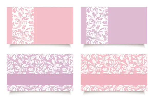Tarjetas de visita rosas y moradas con motivos florales. Vector EPS-10 . Ilustración De Stock