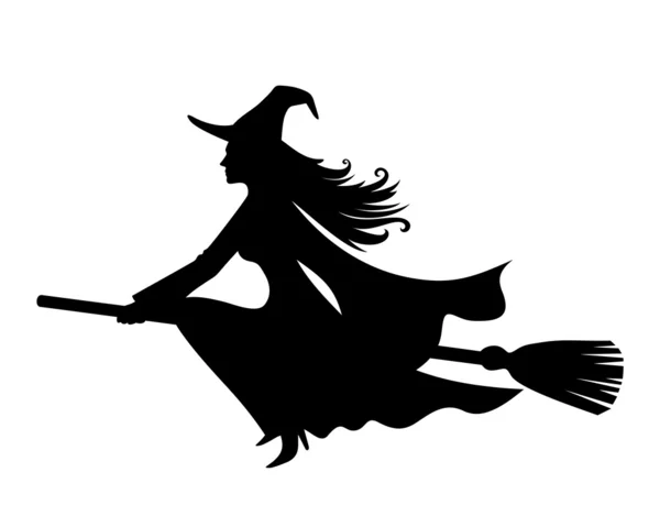 Witch on a broomstick. Vector black silhouette. — Stock Vector