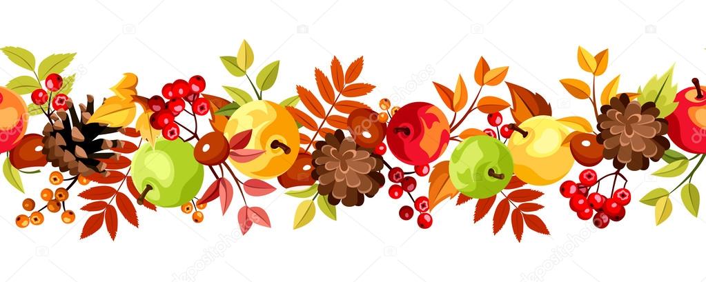 Horizontal seamless background with colorful autumn leaves, apples and cones. Vector illustration.