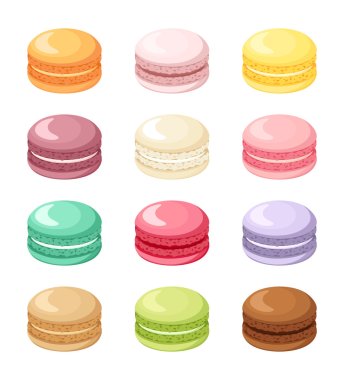 Set of colorful French macaroon cookies isolated on white. Vector illustration. clipart