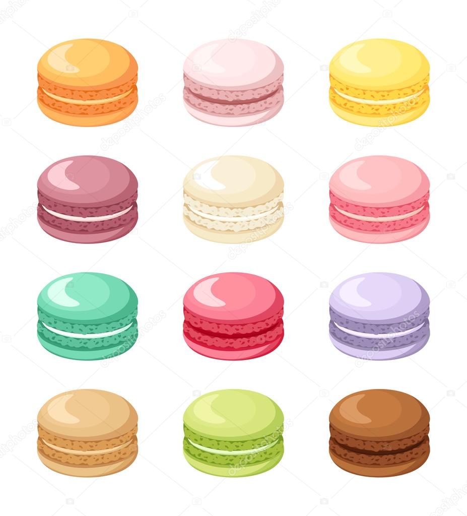 Set of colorful French macaroon cookies isolated on white. Vector illustration.