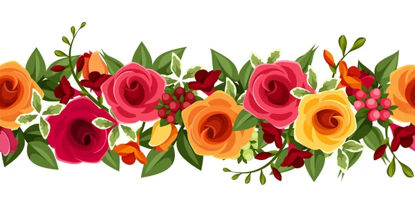 Horizontale nahtlose Hintergrund mit roten und gelben Rosen und Freesie. Vektorillustration. — Stockvektor