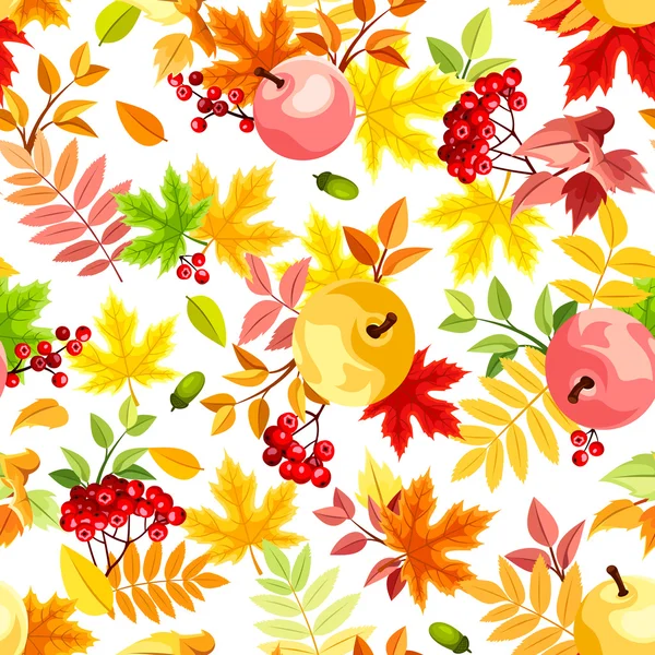 Padrão sem costura vetorial com folhas de outono de várias cores, maçãs e bagas rowan em um fundo branco . —  Vetores de Stock