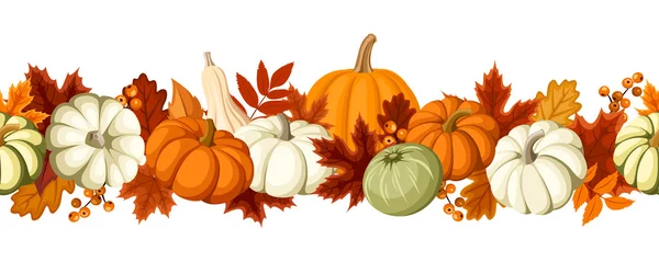 Fondo horizontal sin costuras con calabazas y hojas de otoño. Ilustración vectorial . Vector De Stock