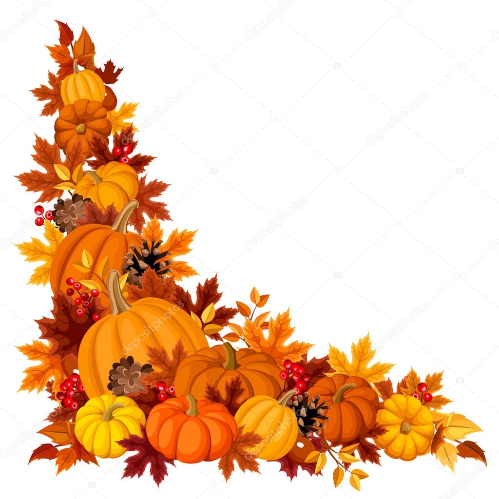 Corner background with pumpkins and autumn leaves. Vector illustration.