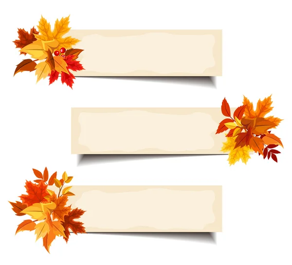 Banderas de color beige vectorial con hojas de otoño coloridas . — Vector de stock