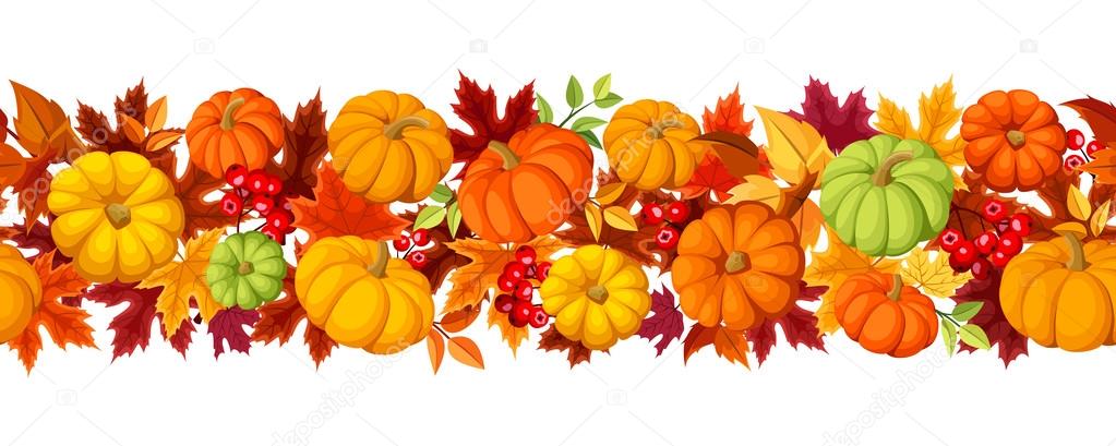 Horizontal seamless background with colorful pumpkins and autumn leaves. Vector illustration.