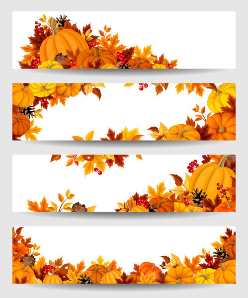 Vector banners with orange pumpkins and autumn leaves.