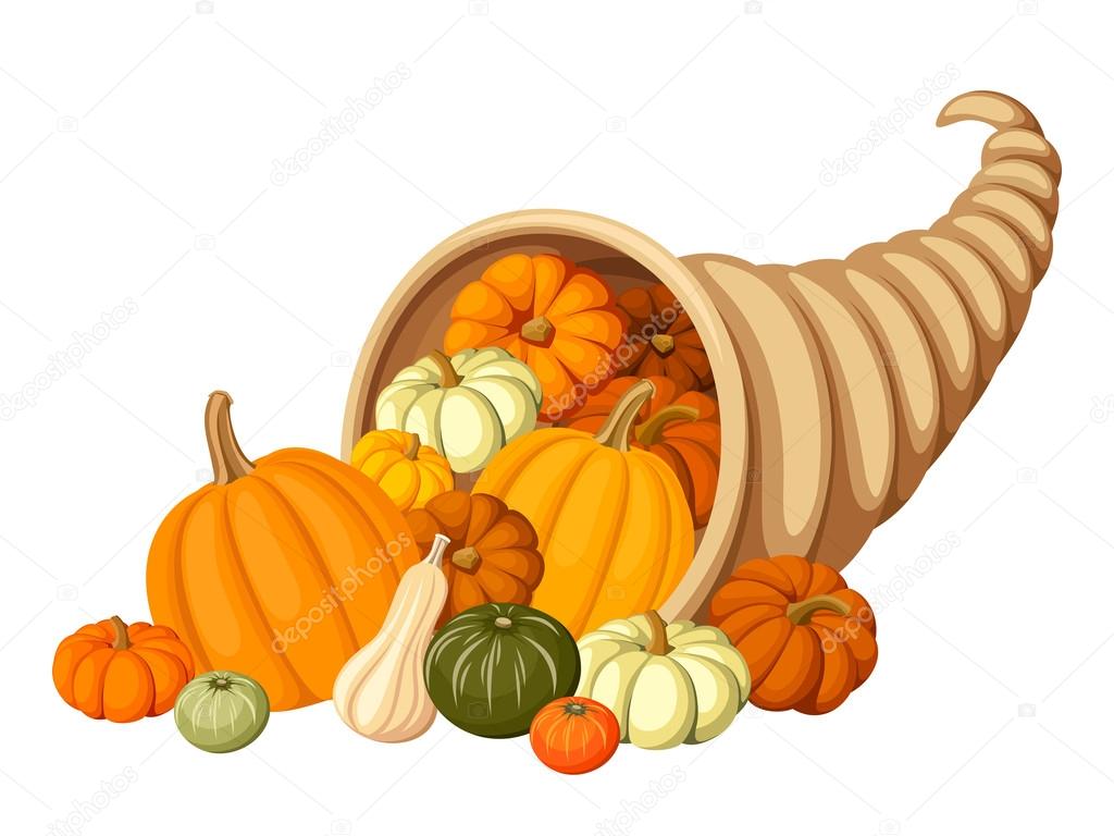 Autumn cornucopia (horn of plenty) with pumpkins. Vector illustration.
