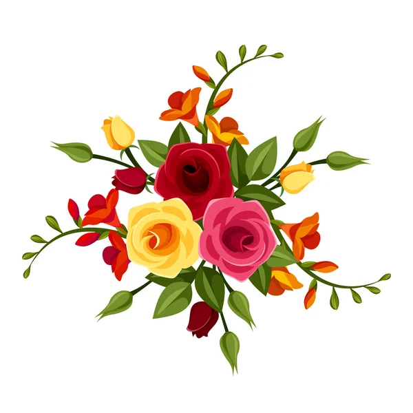 Red and yellow roses and freesia flowers. Vector illustration. — Stock Vector