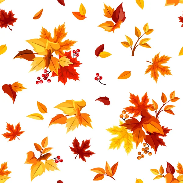 Nahtloses Muster mit bunten Herbstblättern auf Weiß. Vektorillustration. — Stockvektor