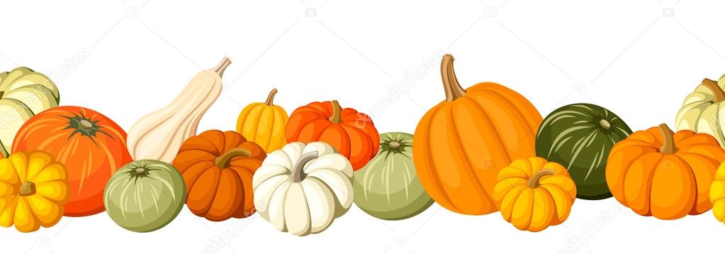 Horizontal seamless background with colorful pumpkins. Vector illustration.