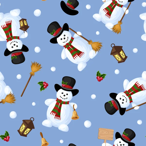 Fondo sin costuras de Navidad con muñecos de nieve. Ilustración vectorial . — Vector de stock