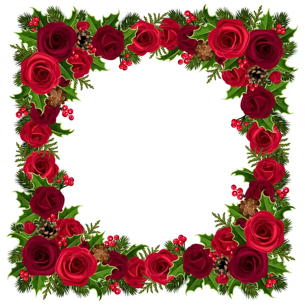 Cadre de Noël avec roses, houx, branches de sapin et cônes. Illustration vectorielle . — Image vectorielle