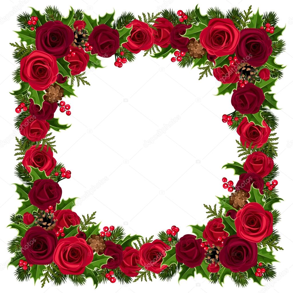 Christmas frame with roses, holly, fir branches and cones. Vector illustration.