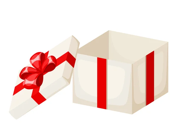 Caja de regalo vacía blanca con cinta roja y lazo. Ilustración vectorial . — Vector de stock