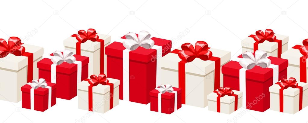 Horizontal seamless background with white and red gift boxes. Vector illustration.