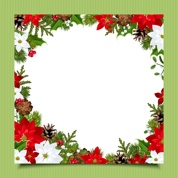 Christmas card with fir branches, holly, poinsettia and cones. Vector eps-10. — Stock Vector